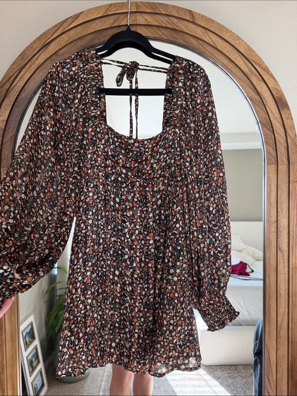 Boho Floral Long-Sleeve Mini Dress in Black & Rust